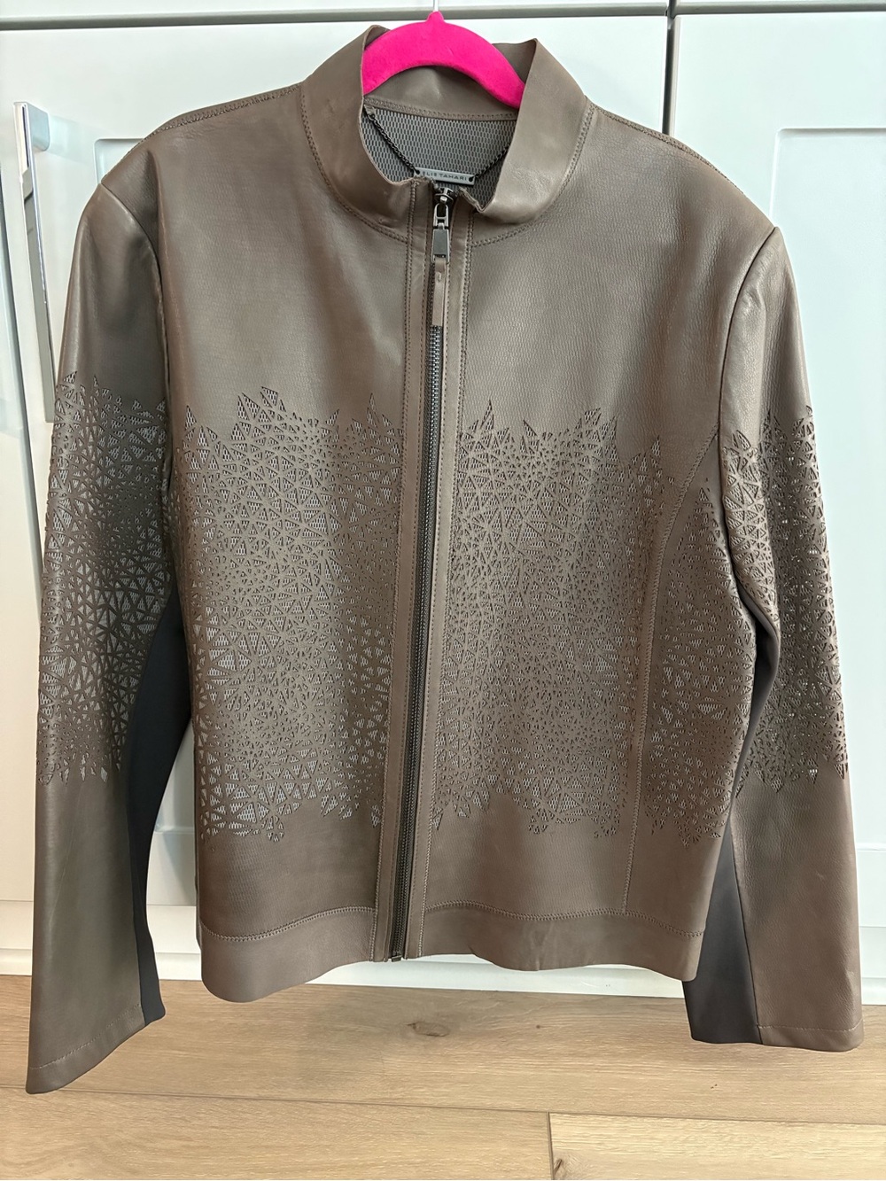 Elie Tahari Brown Laser-Cut Leather Bomber Jacket